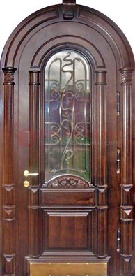 Арочная металлическая дверь массив со стеклом и ковкой ДА-50 в Можайске
