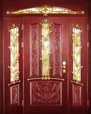 Бордовая железная парадная дверь со стеклом и ковкой ДПР-75 в Можайске