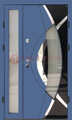 Синяя металлическая дверь со стеклом и узором ДС-13 в Можайске