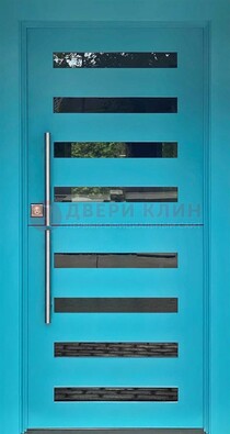 Голубая уличная дверь с МДФ панелью и стеклом ДС-51 в Можайске
