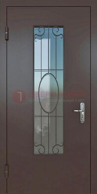 Коричневая наружная железная дверь со стеклом и ковкой ДСК-100 в Екатеринбурге