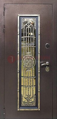 Железная дверь цвета медный антик со стеклом и ковкой ДСК-105 в Можайске