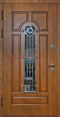 Коричневая стальная дверь со стеклом и ковкой для кирпичного дома ДСК-146 в Лыткарино