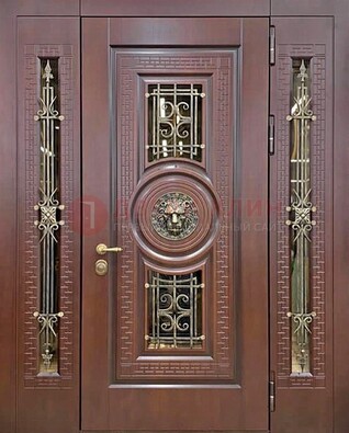 Коричневая стальная дверь со стеклом и ковкой ДСК-147 с фрамугами в Можайске