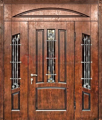 Стальная дверь со стеклом и ковкой с фрамугами ДСК-149 коричневая в Ликино-Дулево