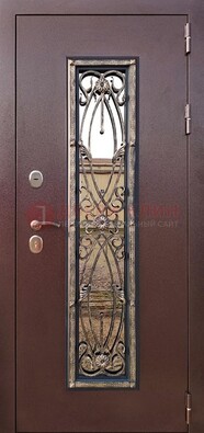 Коричневая стальная дверь порошок со стеклом и ковкой для дома ДСК-169 в Мурино