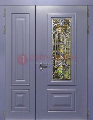 Сиреневая стальная дверь со стеклом и ковкой ДСК-199 в Бронницах