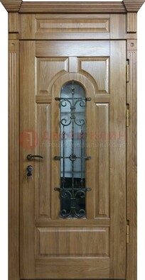 Металлическая дверь массив со стеклом и ковкой для дома ДСК-246 в Можайске