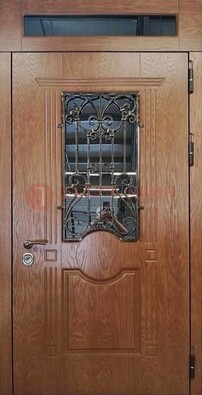Металлическая входная дверь со стеклом и ковкой для дома ДСК-96 в Видном