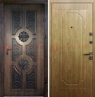 Железная коричневая дверь с виноритом и терморазрывом Золотой дуб внутри ДВТ-101 в Можайске