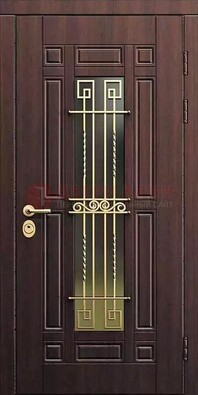 Уличная коричневая дверь с виноритом и панелью Тисненый орех ДВТ-95 в Можайске