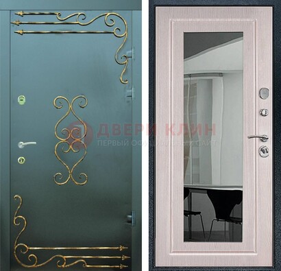 Железная темная дверь c порошковым напылением и МДФ Белый дуб с зеркалом ДЗ-110 в Можайске