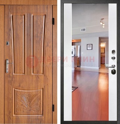 Входная коричневая дверь терморазрыв c виноритом и белая МДФ c зеркалом ДЗ-123 в Можайске