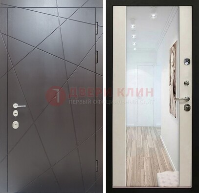 Железная коричневая дверь со светлой МДФ внутри и зеркалом ДЗ-125 в Можайске