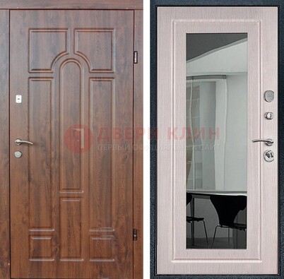 Входная коричневая дверь с МДФ Белый дуб и зеркалом ДЗ-126 в Можайске