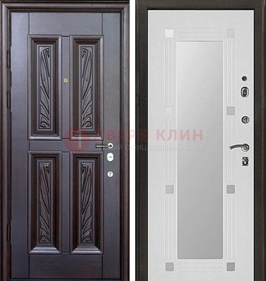 Коричневая стальная дверь с зеркалом МДФ внутри ДЗ-44 в Можайске