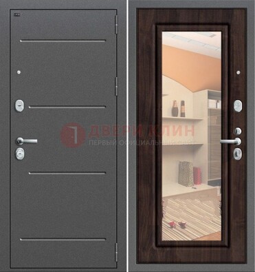 Серая стальная дверь с зеркалом винорит внутри ДЗ-6 в Можайске