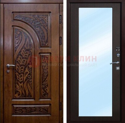 Коричневая входная дверь c узором и виноритом МДФ с зеркалом ДЗ-98 в Можайске
