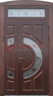 Коричневая двухстворчатая железная дверь с МДФ и витражом ВЖ-29 в Можайске