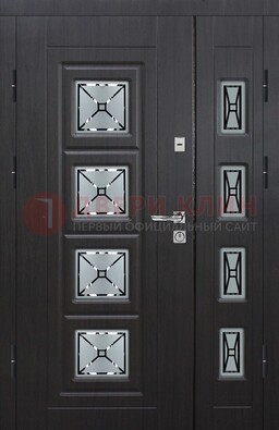 Чёрная двухстворчатая железная дверь с МДФ и витражом ВЖ-35 в Можайске