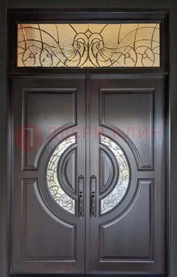 Чёрная двухстворчатая железная дверь с МДФ и витражом ВЖ-38 в Можайске